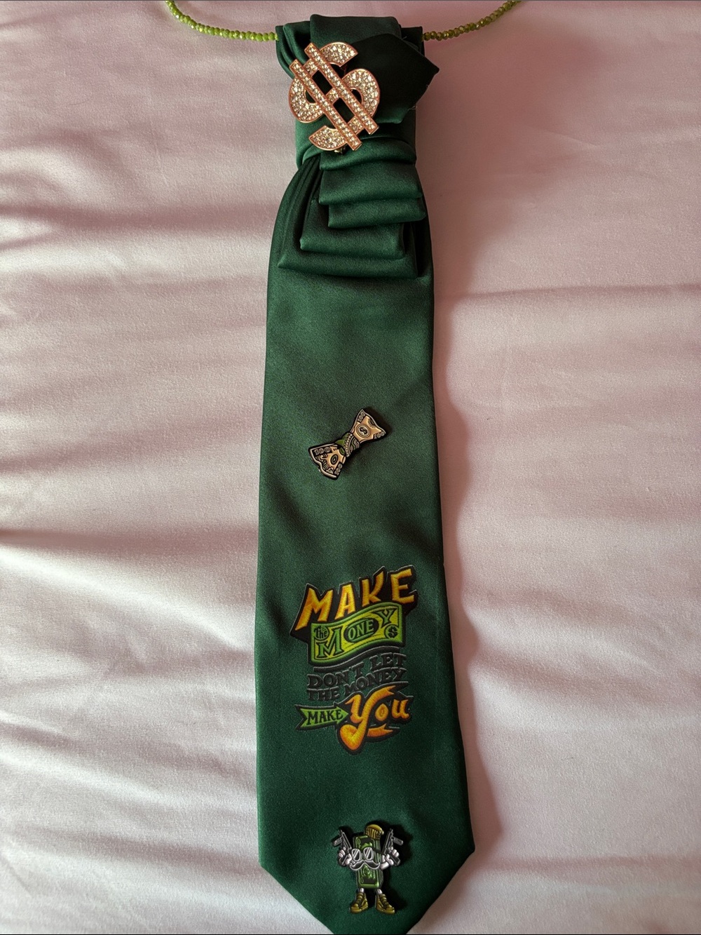 Hand Crafted Dark Green Tie with Yellow Money Accents